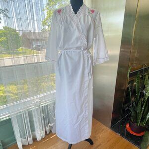 Vintage 80s peignoir, white robe with pink embroidery, Lorraine's Lingerie